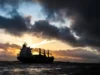 Silhouette of a cargo ship named 'Grey Fox' at sea during a dramatic sunset.