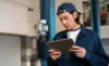 Young man wearing a cap and work uniform, using a tablet in an industrial setting.