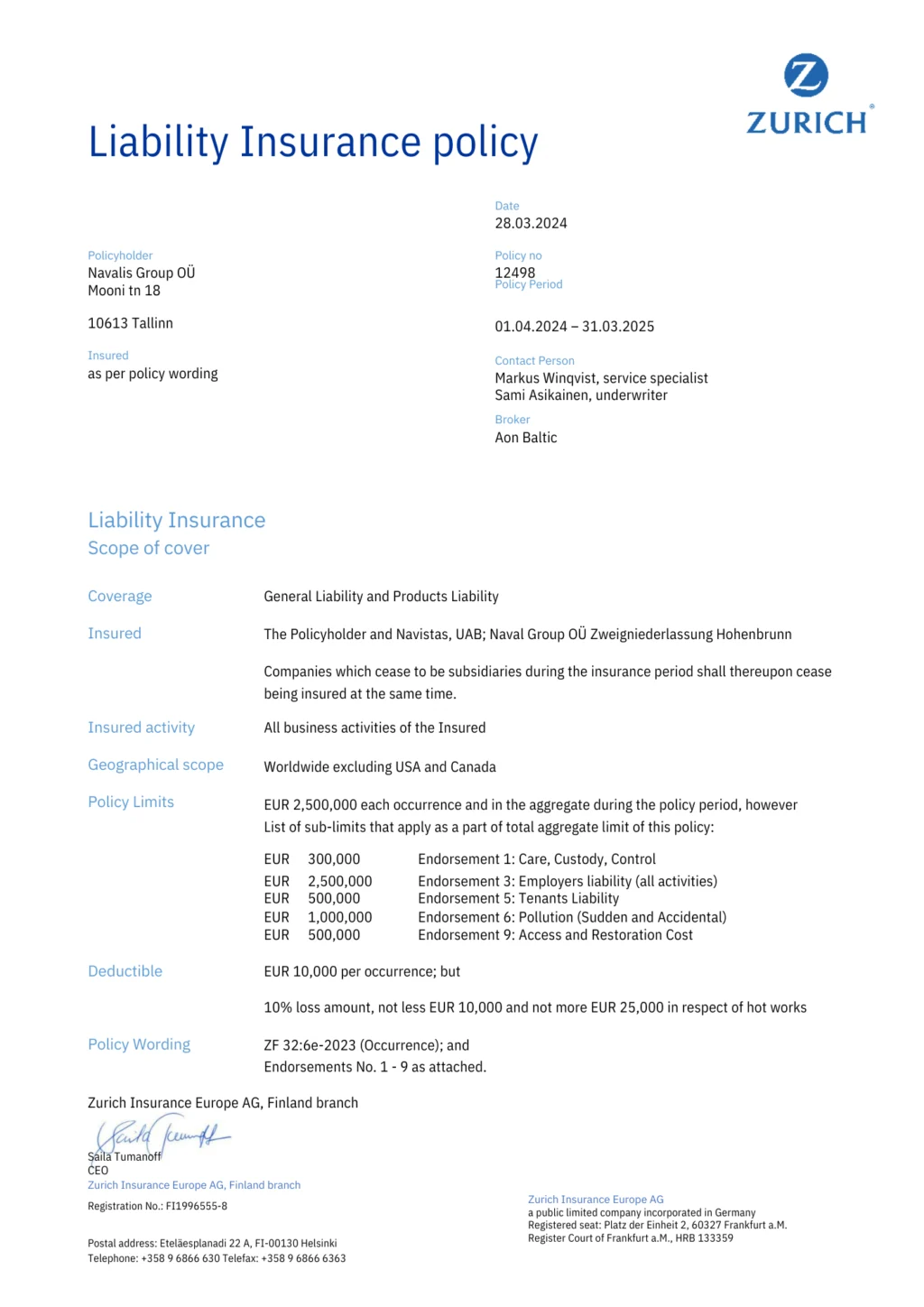 A liability insurance policy document issued by Zurich Insurance Europe AG for Navalis Group OÜ, detailing coverage, policy limits, geographical scope, and insured activities effective from April 1, 2024, to March 31, 2025.