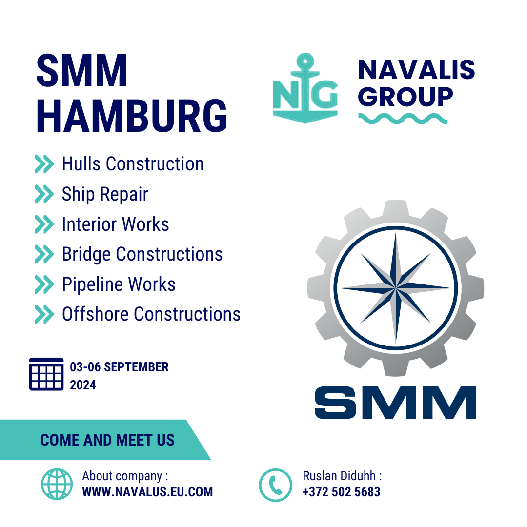 Promotional flyer for Navalis Group announcing their participation at SMM Hamburg from September 3-6, 2024. Includes contact information and company website.